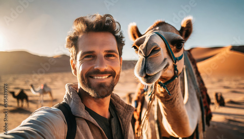 Smiling Man Riding Camel in Sahara Desert: Adventurous Selfie in Morocco © SashaMagic