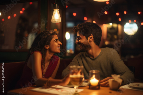 Young indian couple enjoys romantic dinner at restaurant
