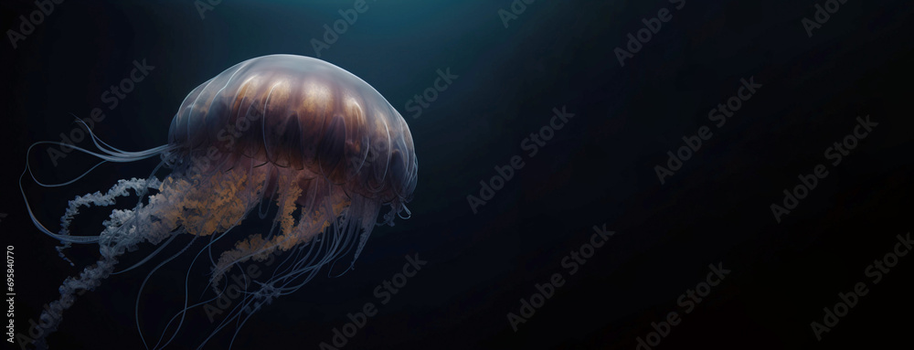 Group of rare colored jellyfish close-up, dark background. AI generated. Group of rare colored jellyfish close-up, dark background. AI generated.