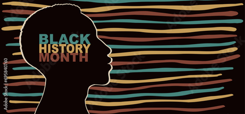 Black history month event. Black profile head face silhouette African or African-American man. African ethnicity. Racial equality - justice - identity - anti-racism. Inclusion. Banner photo