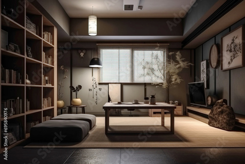 Modern interior design of the living room of an apartment house  warm colors  dark brown colors. AI Generative.