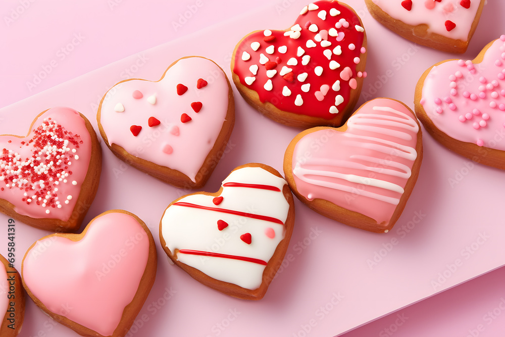 Red, pink and white heart shaped Valentine's day cookies with sugar sprinkles on pink background Red, pink and white heart shaped Valentine's day cookies with sugar sprinkles on pink background