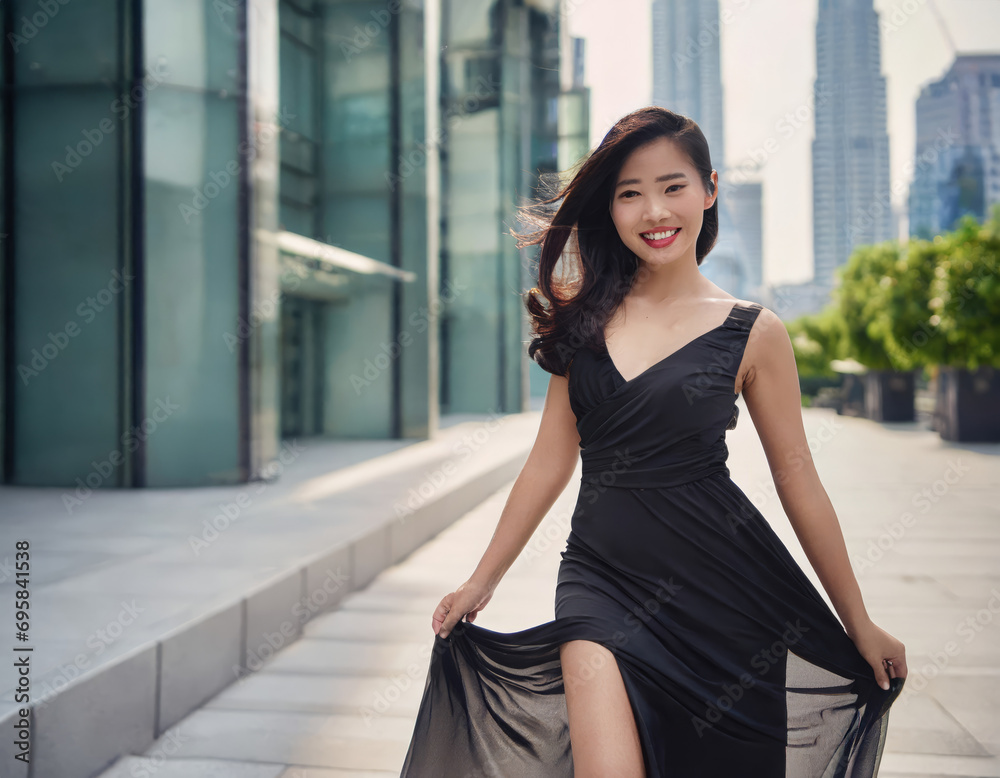 Smiling Asian Lady in Black Dress: Portrait of a Happy Young Woman