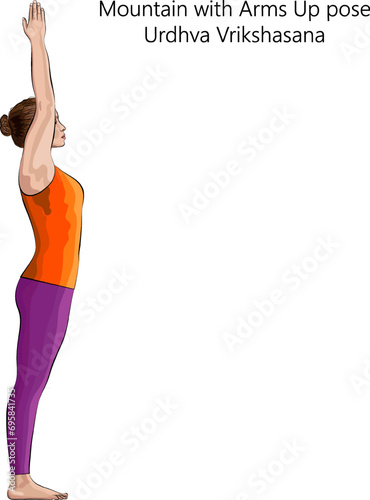 Young woman doing yoga Urdhva Vrikshasana. Mountain with Arms Up pose or Upward Tree pose. Beginner Difficulty. Isolated vector illustration.
