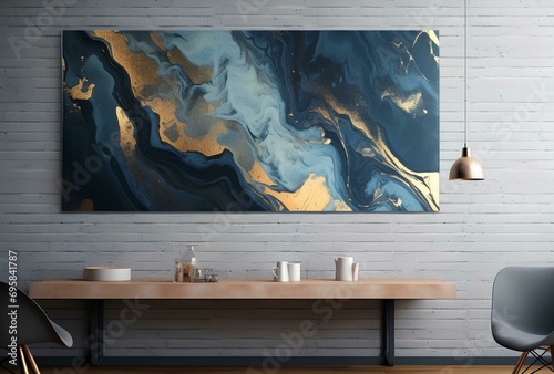Interior modern living room have picture of Marbled blue green and golden abstract background. Liquid marble wave ink pattern.