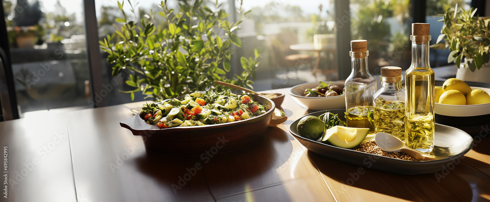 Healthy green salad bowl with vegetables on table with salad dressing ingredients: lemon and olive oil in bottles  