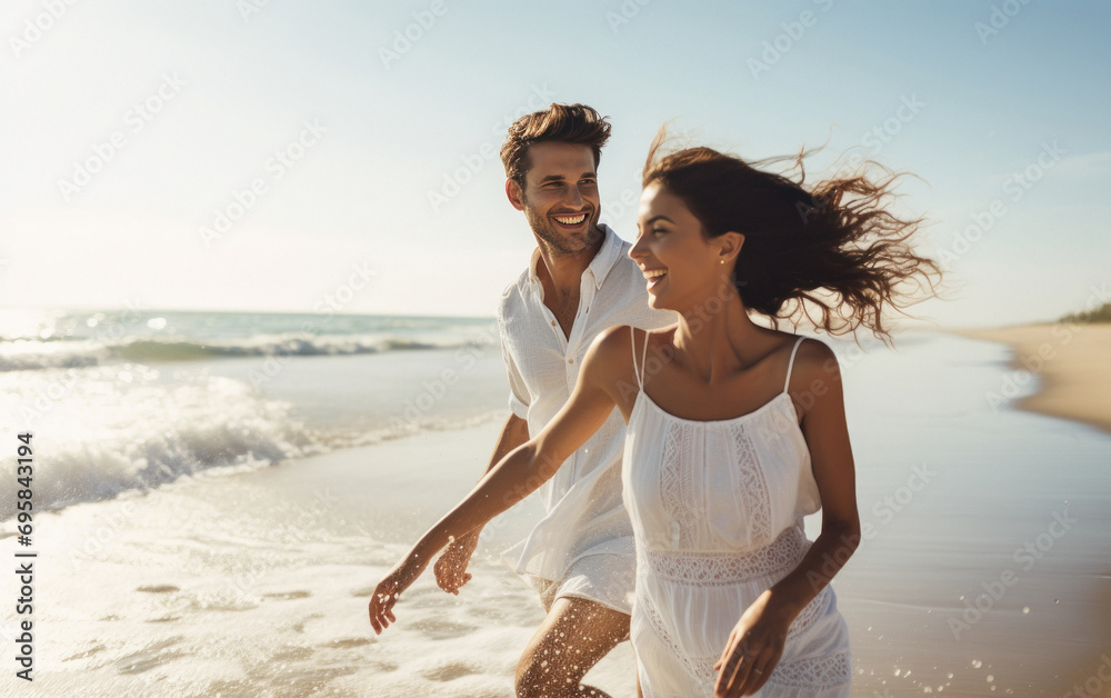 young indian couple enjoying at sea beach - obrazy, fototapety, plakaty 
