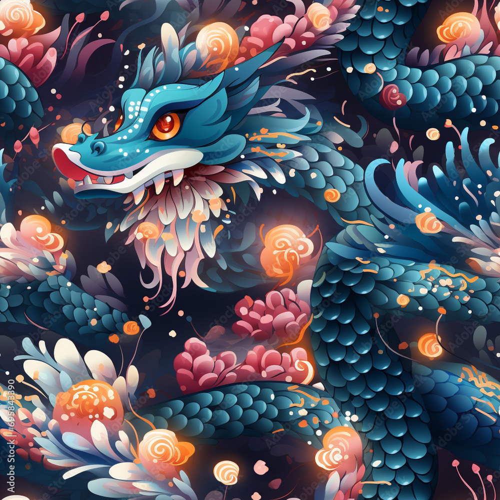 Seamless Pattern Newyear, Year of the Dragon Object Blue Dragon - Generative Ai Seamless Pattern Newyear, Year of the Dragon Object Blue Dragon - Generative Ai