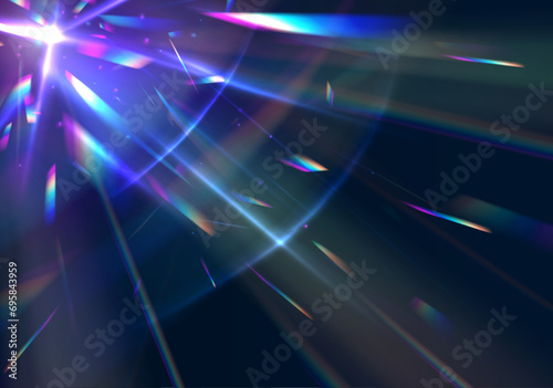 Crystal light leak effect for photo overlay. Ethereal Lens rainbow light streak transparent effect. Vector illustration. Iridescent crystal leak glare reflection effect. 
