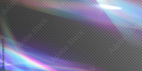Light effect of rainbow retro film for use over photos as an overlay or screen filter. Holographic falling confetti glitters isolated on transparent background. Transparent refraction elements. 