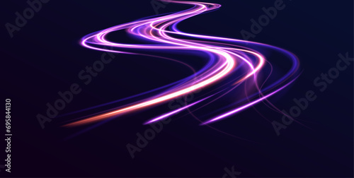 Abstract long exposure dynamic speed light trails background. Car road silhouette with light and motion effect. Sport car is made of polygons, lines and connected dots. 