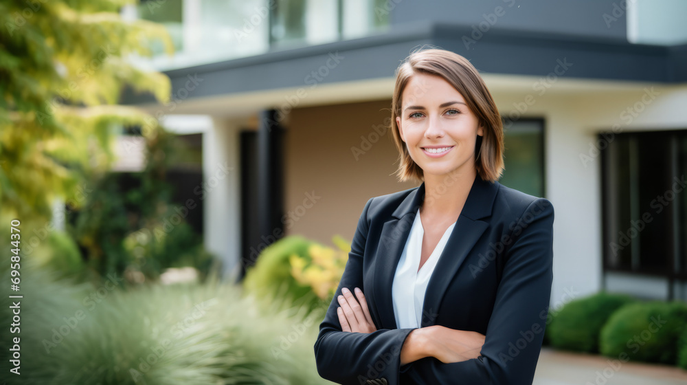 Confident American woman real estate agent stands proudly outside a modern home, radiating expertise and approachability, ready to assist potential house buyers Confident American woman real estate agent stands proudly outside a modern home, radiating expertise and approachability, ready to assist potential house buyers