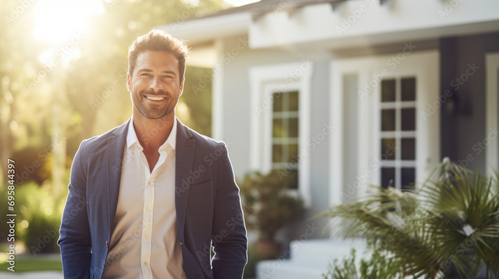 Confident American man real estate agent stands proudly outside a modern home, radiating expertise and approachability, ready to assist potential house buyers - obrazy, fototapety, plakaty 