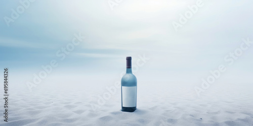 Wine bottle in a white desert sand. White mist around. Serene landscape. Generative AI