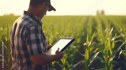 Modern caucasian farmer in a corn field using a digital tablet to review harvest and crop performance, ESG concept and application of technology in contemporary agriculture photo