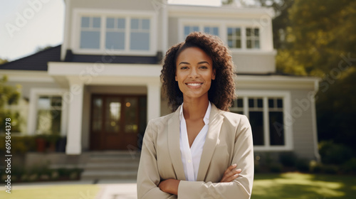 Confident American woman real estate agent stands proudly outside a modern home, radiating expertise and approachability, ready to assist potential house buyers photo