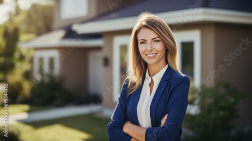 Confident American woman real estate agent stands proudly outside a modern home, radiating expertise and approachability, ready to assist potential house buyers