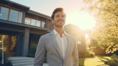 Confident American man real estate agent stands proudly outside a modern home, radiating expertise and approachability, ready to assist potential house buyers photo