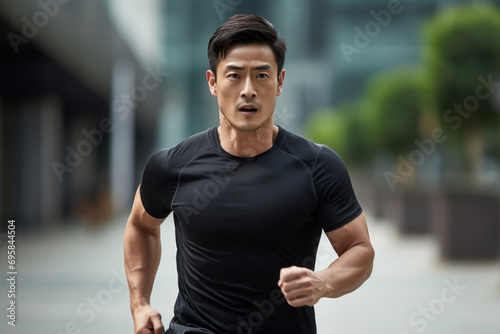 40 years old asian male running in the street front face view