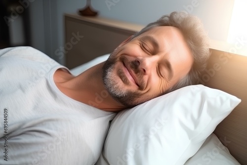 A man lying on a soft bed with a happy smile and falling asleep. generative AI