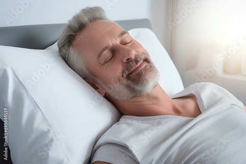 A man lying on a soft bed with a happy smile and falling asleep. generative AI