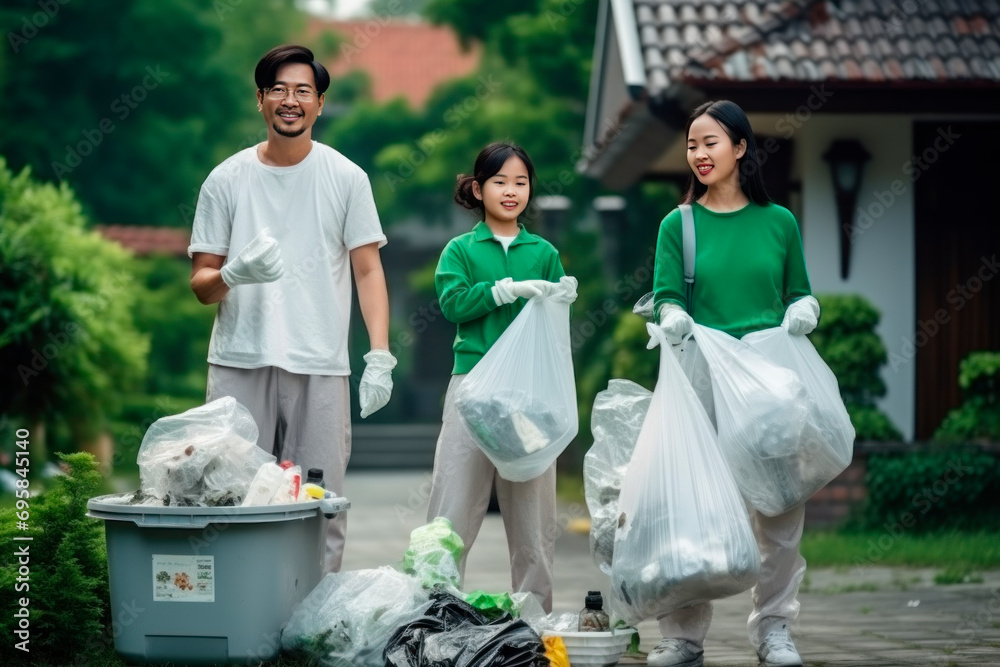 Foto de Nature cleaning. An Asian family, mom and dad with children ...