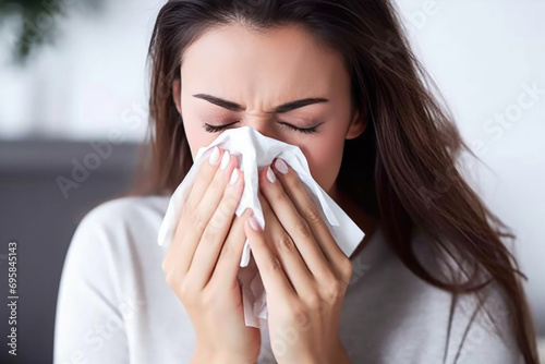 Woman having flu and runny nose and blowing her nose into a paper napkin