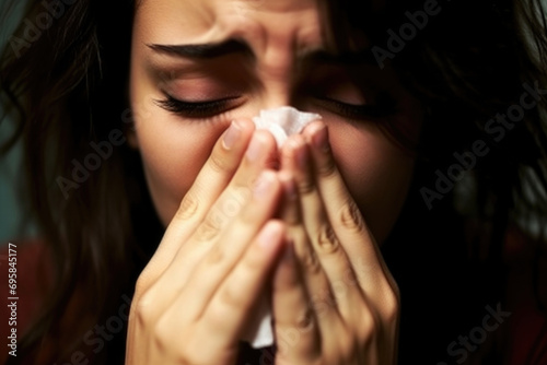 Woman having flu and runny nose and blowing her nose into a paper napkin photo