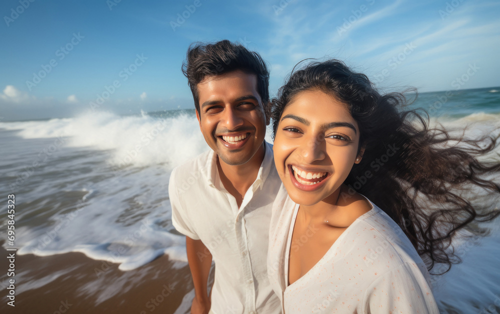 Obraz premium young indian couple enjoying at sea beach