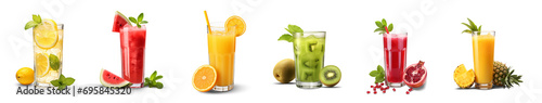 Set of glasses with fruit juices isolated on transparent background. Generative AI