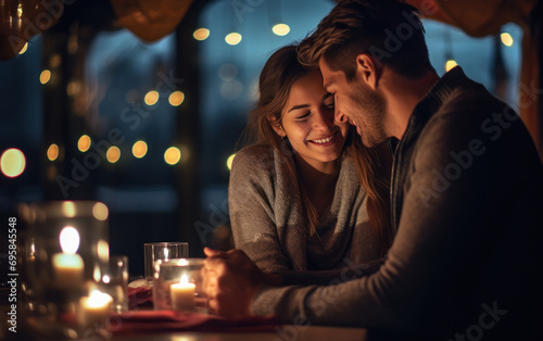 Young indian couple enjoys romantic dinner at restaurant photo