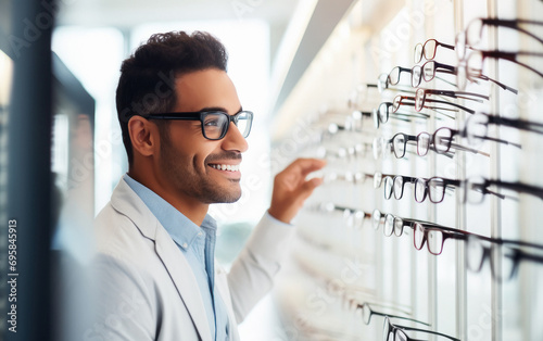 Handsome man choosing glasses in optics store photo