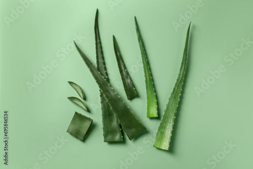 Cut aloe vera plant on light green background, flat lay
