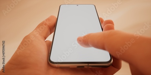  Caucasian man holding phone on a color of 2024 peach fuzz, blank screen mockup