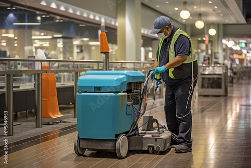 In this realistic photo, a skilled sanitation technician is captured in action, meticulously cleaning a public area with precision and efficiency. The image showcases the technician