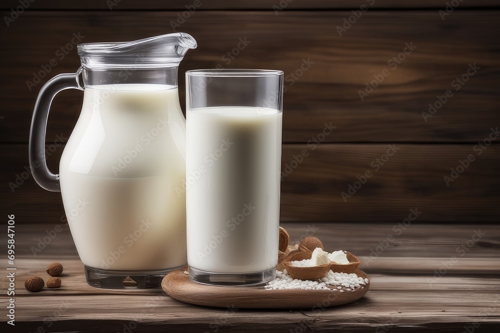 Jug and glass of fresh milk on wooden table Jug and glass of fresh milk on wooden table