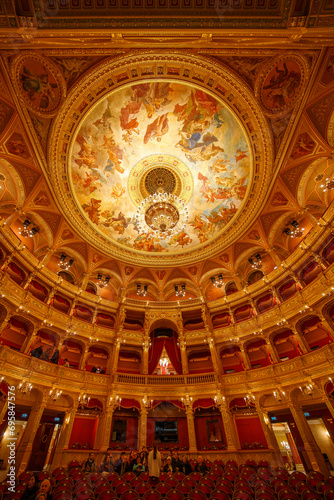Photography Budapest, Hungary - December 7, 2023: interior wide angle view of the Hungarian State Opera Magyar Állami Operaház architecture