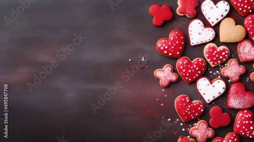 Red heart cookies on a textured table. Flat lay, top view. A background for Valentine. love, wedding, and birthday greeting cards featuring a close-up, Flat lay, top view.