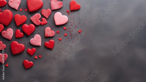 A background for Valentine. Happy Valentine's Day, love, wedding, and birthday greeting cards featuring a close-up of red heart-shaped cookies on a textured table. Flat lay, top view.
