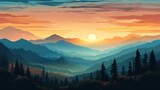 Dramatic landscape forest mountains nature background - Illustration of forest pine tree valley view, mountains and sunset or sunrise