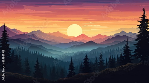 Peaceful landscape forest mountains nature background - Illustration of forest pine tree valley view, mountains and sunset or sunrise