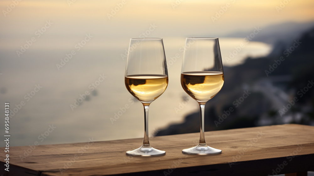 White wine in glasses, sea view in the background, sunset	