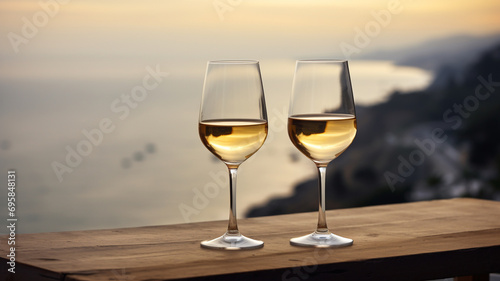 White wine in glasses, sea view in the background, sunset 