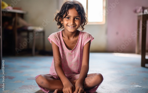 Happy little indian girl sitting on the floor at home © Niks Ads