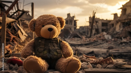 Teddy bear sits on the ruins of a bombed city. War background with destroyed city buildings