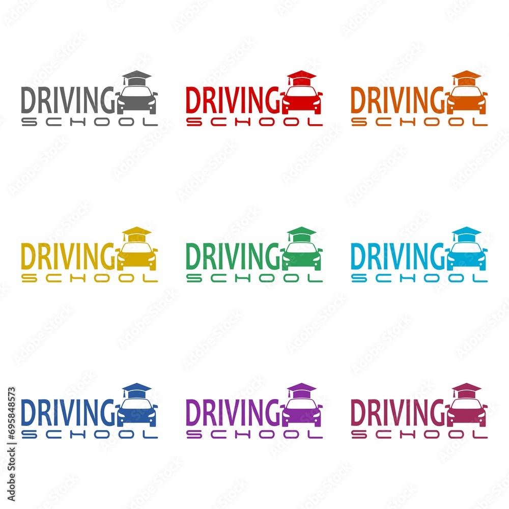 Driving school logo  icon isolated on white background. Set icons colorful