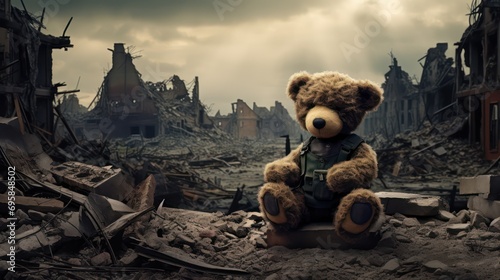 War background with destroyed city buildings - Teddy bear sits on the ruins of a bombed city photo