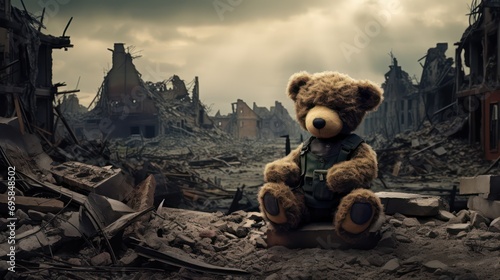 War background with destroyed city buildings - Teddy bear sits on the ruins of a bombed city