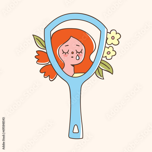 Reflection of a crying girl in a mirror. Vector illustration of self love concept in cute flat style. Hand drawn elements. Hand held mirror and flowers around it.