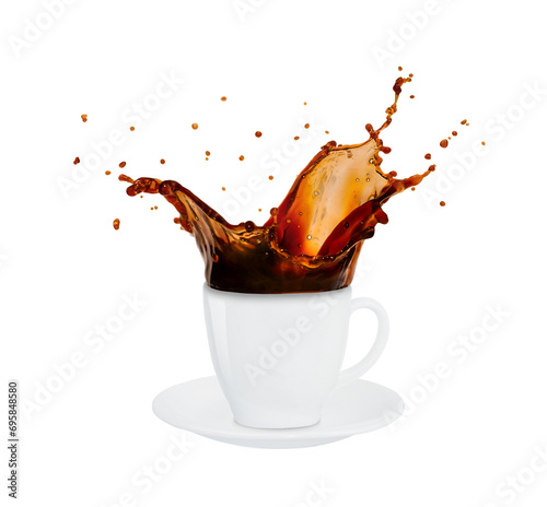 Cup of splashing coffee isolated on white background